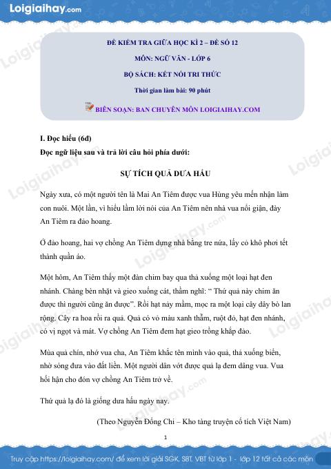 Đề thi giữa kì 2 Văn 6 Kết nối tri thức - Đề số 12